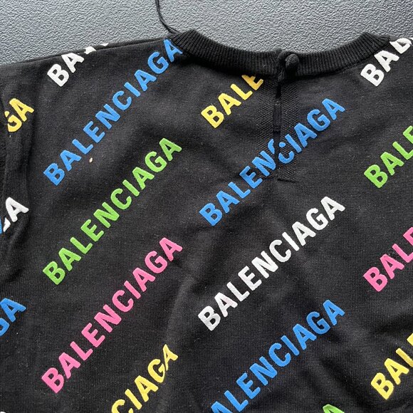 NWT Balenciaga Crop Sweater Cotton Puff Ink Knit Black Multicolor Logo Print - Picture 8 of 11